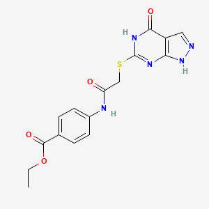 molecular formula C16H15N5O4S B2845807 乙酸-4-(2-((4-氧代-4,5-二氢-1H-吡唑并[3,4-d]嘧啶-6-基)硫)乙酰胺基)苯甲酯 CAS No. 877630-06-3
