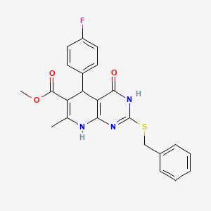 molecular formula C23H20FN3O3S B2845823 Methyl 2-(benzylsulfanyl)-5-(4-fluorophenyl)-7-methyl-4-oxo-3,4,5,8-tetrahydropyrido[2,3-d]pyrimidine-6-carboxylate CAS No. 537046-54-1