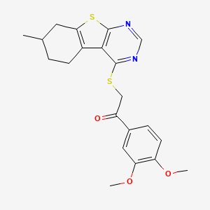 molecular formula C21H22N2O3S2 B2845943 1-(3,4-Dimethoxyphenyl)-2-((7-methyl-5,6,7,8-tetrahydrobenzo[4,5]thieno[2,3-d]pyrimidin-4-yl)thio)ethanone CAS No. 503432-14-2