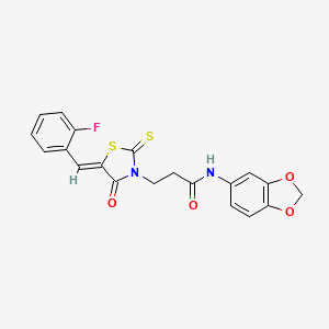 molecular formula C20H15FN2O4S2 B2845946 (Z)-N-(benzo[d][1,3]dioxol-5-yl)-3-(5-(2-fluorobenzylidene)-4-oxo-2-thioxothiazolidin-3-yl)propanamide CAS No. 477488-29-2
