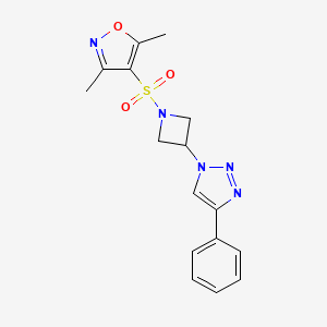 molecular formula C16H17N5O3S B2845986 3,5-dimethyl-4-((3-(4-phenyl-1H-1,2,3-triazol-1-yl)azetidin-1-yl)sulfonyl)isoxazole CAS No. 2034524-71-3