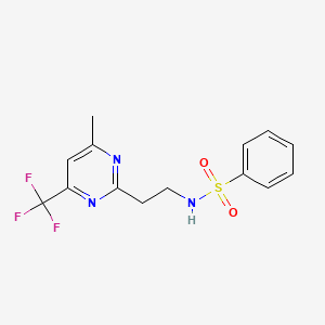 molecular formula C14H14F3N3O2S B2846071 N-(2-(4-methyl-6-(trifluoromethyl)pyrimidin-2-yl)ethyl)benzenesulfonamide CAS No. 1396636-07-9