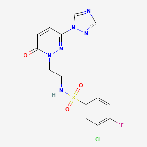 molecular formula C14H12ClFN6O3S B2846085 3-chloro-4-fluoro-N-(2-(6-oxo-3-(1H-1,2,4-triazol-1-yl)pyridazin-1(6H)-yl)ethyl)benzenesulfonamide CAS No. 1448033-88-2