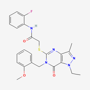 molecular formula C24H24FN5O3S B2846182 2-({1-ethyl-6-[(2-methoxyphenyl)methyl]-3-methyl-7-oxo-1H,6H,7H-pyrazolo[4,3-d]pyrimidin-5-yl}sulfanyl)-N-(2-fluorophenyl)acetamide CAS No. 1358684-27-1