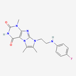 molecular formula C18H19FN6O2 B2846284 8-(2-((4-fluorophenyl)amino)ethyl)-1,6,7-trimethyl-1H-imidazo[2,1-f]purine-2,4(3H,8H)-dione CAS No. 923128-85-2