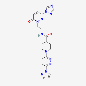 molecular formula C21H23N11O2 B2846290 1-(6-(1H-pyrazol-1-yl)pyridazin-3-yl)-N-(2-(6-oxo-3-(1H-1,2,4-triazol-1-yl)pyridazin-1(6H)-yl)ethyl)piperidine-4-carboxamide CAS No. 1448130-14-0