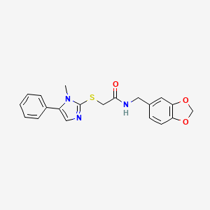 molecular formula C20H19N3O3S B2846302 N-(benzo[d][1,3]dioxol-5-ylmethyl)-2-((1-methyl-5-phenyl-1H-imidazol-2-yl)thio)acetamide CAS No. 941879-93-2