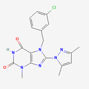molecular formula C18H17ClN6O2 B2846311 7-(3-chlorobenzyl)-8-(3,5-dimethyl-1H-pyrazol-1-yl)-3-methyl-1H-purine-2,6(3H,7H)-dione CAS No. 1014072-99-1