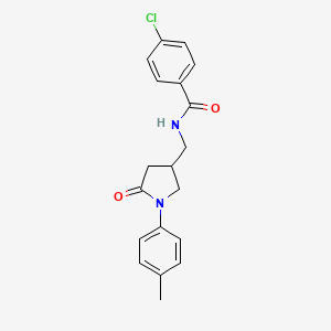molecular formula C19H19ClN2O2 B2846330 4-chloro-N-((5-oxo-1-(p-tolyl)pyrrolidin-3-yl)methyl)benzamide CAS No. 954675-84-4