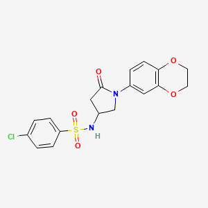 molecular formula C18H17ClN2O5S B2846332 4-chloro-N-(1-(2,3-dihydrobenzo[b][1,4]dioxin-6-yl)-5-oxopyrrolidin-3-yl)benzenesulfonamide CAS No. 905688-30-4