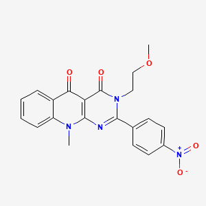 molecular formula C21H18N4O5 B2846456 3-(2-methoxyethyl)-10-methyl-2-(4-nitrophenyl)pyrimido[4,5-b]quinoline-4,5(3H,10H)-dione CAS No. 879461-05-9