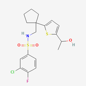 molecular formula C18H21ClFNO3S2 B2846468 3-chloro-4-fluoro-N-((1-(5-(1-hydroxyethyl)thiophen-2-yl)cyclopentyl)methyl)benzenesulfonamide CAS No. 2034256-03-4