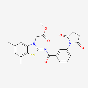 molecular formula C23H21N3O5S B2846520 (Z)-甲酸 2-(2-((3-(2,5-二氧代吡咯烷-1-基)苯甲酰)亚胺)-5,7-二甲基苯并[d]噁唑-3(2H)-基)乙酸酯 CAS No. 1322008-17-2