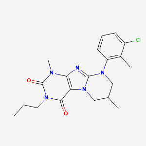 molecular formula C20H24ClN5O2 B2846672 9-(3-chloro-2-methylphenyl)-1,7-dimethyl-3-propyl-6,7,8,9-tetrahydropyrimido[2,1-f]purine-2,4(1H,3H)-dione CAS No. 877617-48-6