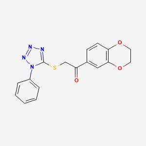 molecular formula C17H14N4O3S B2846836 1-(2,3-dihydrobenzo[b][1,4]dioxin-6-yl)-2-((1-phenyl-1H-tetrazol-5-yl)thio)ethanone CAS No. 304862-32-6
