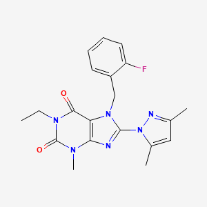 molecular formula C20H21FN6O2 B2846837 8-(3,5-dimethyl-1H-pyrazol-1-yl)-1-ethyl-7-(2-fluorobenzyl)-3-methyl-1H-purine-2,6(3H,7H)-dione CAS No. 1013968-41-6