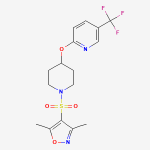 molecular formula C16H18F3N3O4S B2846920 3,5-Dimethyl-4-((4-((5-(trifluoromethyl)pyridin-2-yl)oxy)piperidin-1-yl)sulfonyl)isoxazole CAS No. 1421474-10-3