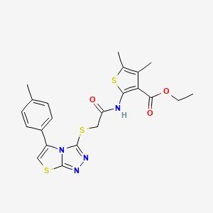 molecular formula C22H22N4O3S3 B2847045 乙酸-4,5-二甲基-2-(2-((5-(对甲苯基)噻唑并[2,3-c][1,2,4]三唑-3-基)硫代)乙酰氨基)噻吩-3-羧酯 CAS No. 690645-43-3
