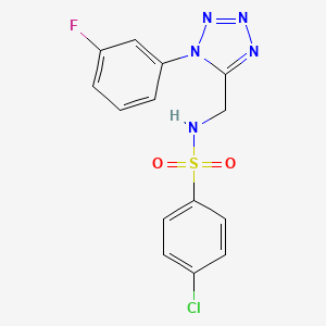 molecular formula C14H11ClFN5O2S B2847089 4-chloro-N-((1-(3-fluorophenyl)-1H-tetrazol-5-yl)methyl)benzenesulfonamide CAS No. 921124-52-9