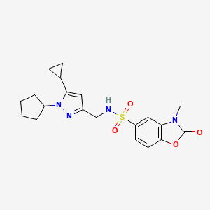 molecular formula C20H24N4O4S B2847100 N-((1-cyclopentyl-5-cyclopropyl-1H-pyrazol-3-yl)methyl)-3-methyl-2-oxo-2,3-dihydrobenzo[d]oxazole-5-sulfonamide CAS No. 1448072-21-6