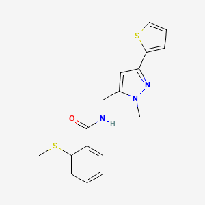 B2847126 2-Methylsulfanyl-N-[(2-methyl-5-thiophen-2-ylpyrazol-3-yl)methyl]benzamide CAS No. 2309748-03-4