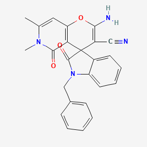 molecular formula C25H20N4O3 B2847297 2'-氨基-1-苄基-6',7'-二甲基-2,5'-二氧代-5',6'-二氢螺[吲哚啉-3,4'-吡喃[3,2-c]吡啶]-3'-碳腈 CAS No. 886178-27-4