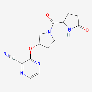 molecular formula C14H15N5O3 B2847353 3-((1-(5-氧代吡咯啉-2-甲酰基)吡咯啉-3-基)氧基)吡嘧啶-2-甲腈 CAS No. 2034201-18-6