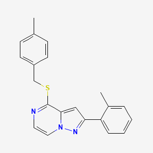 molecular formula C21H19N3S B2847383 4-[(4-Methylbenzyl)thio]-2-(2-methylphenyl)pyrazolo[1,5-a]pyrazine CAS No. 1206990-89-7