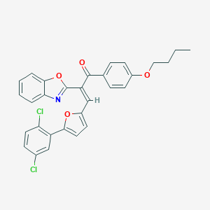 (E)-2-(benzo[d]oxazol-2-yl)-1-(4-butoxyphenyl)-3-(5-(2,5-dichlorophenyl)furan-2-yl)prop-2-en-1-one