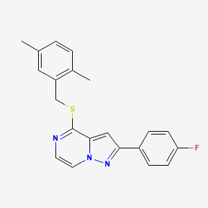 molecular formula C21H18FN3S B2847639 4-[(2,5-Dimethylbenzyl)thio]-2-(4-fluorophenyl)pyrazolo[1,5-a]pyrazine CAS No. 1105240-05-8