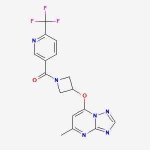 molecular formula C16H13F3N6O2 B2847721 5-[3-({5-Methyl-[1,2,4]triazolo[1,5-a]pyrimidin-7-yl}oxy)azetidine-1-carbonyl]-2-(trifluoromethyl)pyridine CAS No. 2097927-16-5