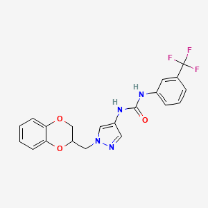 molecular formula C20H17F3N4O3 B2847742 1-(1-((2,3-dihydrobenzo[b][1,4]dioxin-2-yl)methyl)-1H-pyrazol-4-yl)-3-(3-(trifluoromethyl)phenyl)urea CAS No. 1706083-47-7