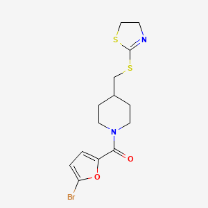 molecular formula C14H17BrN2O2S2 B2847802 (5-溴呋喃-2-基)(4-(((4,5-二氢噻唑-2-基)硫)甲基)哌啶-1-基)甲酮 CAS No. 1396872-29-9