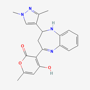 molecular formula C20H20N4O3 B2847829 3-(2-(1,3-dimethyl-1H-pyrazol-4-yl)-2,3-dihydro-1H-benzo[b][1,4]diazepin-4-yl)-4-hydroxy-6-methyl-2H-pyran-2-one CAS No. 1797124-15-2