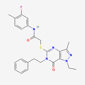 molecular formula C25H26FN5O2S B2847896 2-((1-ethyl-3-methyl-7-oxo-6-phenethyl-6,7-dihydro-1H-pyrazolo[4,3-d]pyrimidin-5-yl)thio)-N-(3-fluoro-4-methylphenyl)acetamide CAS No. 1359217-11-0