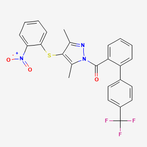 molecular formula C25H18F3N3O3S B2848001 3,5-dimethyl-4-[(2-nitrophenyl)sulfanyl]-1-[4'-(trifluoromethyl)-[1,1'-biphenyl]-2-carbonyl]-1H-pyrazole CAS No. 306736-18-5