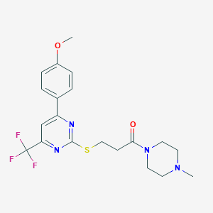 molecular formula C20H23F3N4O2S B284802 3-[4-(4-Methoxy-phenyl)-6-trifluoromethyl-pyrimidin-2-ylsulfanyl]-1-(4-methyl-piperazin-1-yl)-propan-1-one 