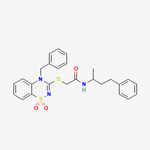 molecular formula C26H27N3O3S2 B2848039 2-((4-benzyl-1,1-dioxido-4H-benzo[e][1,2,4]thiadiazin-3-yl)thio)-N-(4-phenylbutan-2-yl)acetamide CAS No. 892362-96-8