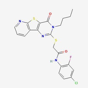 molecular formula C21H18ClFN4O2S2 B2848078 2-((3-butyl-4-oxo-3,4-dihydropyrido[3',2':4,5]thieno[3,2-d]pyrimidin-2-yl)thio)-N-(4-chloro-2-fluorophenyl)acetamide CAS No. 1243101-61-2