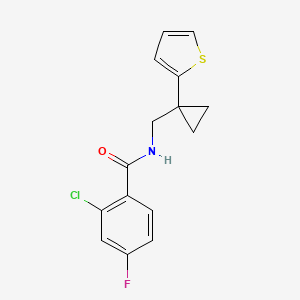 molecular formula C15H13ClFNOS B2848081 2-chloro-4-fluoro-N-((1-(thiophen-2-yl)cyclopropyl)methyl)benzamide CAS No. 1207059-11-7