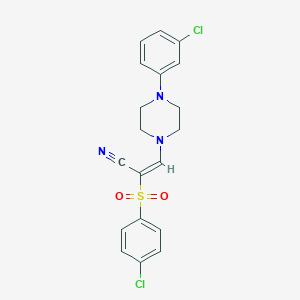 molecular formula C19H17Cl2N3O2S B2848108 (E)-3-(4-(3-氯苯基)哌嗪-1-基)-2-((4-氯苯基)磺酰)丙烯腈 CAS No. 885187-35-9
