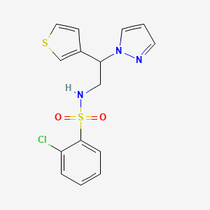 molecular formula C15H14ClN3O2S2 B2848166 N-(2-(1H-pyrazol-1-yl)-2-(thiophen-3-yl)ethyl)-2-chlorobenzenesulfonamide CAS No. 2034341-36-9