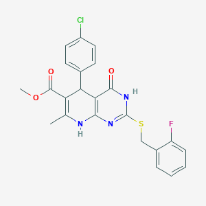 molecular formula C23H19ClFN3O3S B2848169 Methyl 5-(4-chlorophenyl)-2-((2-fluorobenzyl)thio)-7-methyl-4-oxo-3,4,5,8-tetrahydropyrido[2,3-d]pyrimidine-6-carboxylate CAS No. 537663-74-4