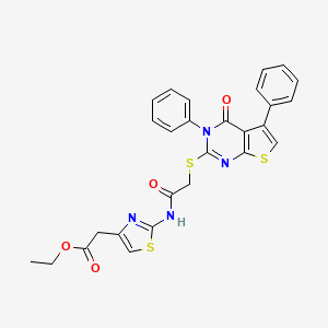 molecular formula C27H22N4O4S3 B2848184 Ethyl 2-(2-(2-((4-oxo-3,5-diphenyl-3,4-dihydrothieno[2,3-d]pyrimidin-2-yl)thio)acetamido)thiazol-4-yl)acetate CAS No. 315692-09-2