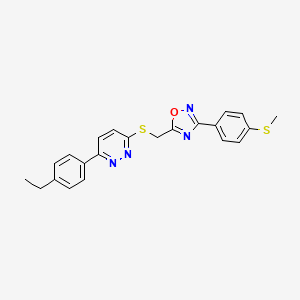 molecular formula C22H20N4OS2 B2848218 3-(4-Ethylphenyl)-6-[({3-[4-(methylsulfanyl)phenyl]-1,2,4-oxadiazol-5-yl}methyl)sulfanyl]pyridazine CAS No. 1115285-33-0