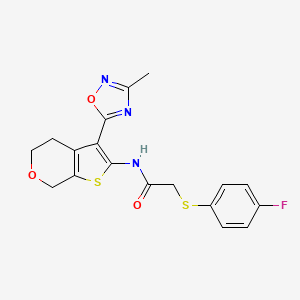 molecular formula C18H16FN3O3S2 B2848219 2-((4-fluorophenyl)thio)-N-(3-(3-methyl-1,2,4-oxadiazol-5-yl)-5,7-dihydro-4H-thieno[2,3-c]pyran-2-yl)acetamide CAS No. 1795304-03-8