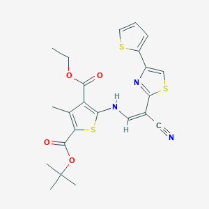 molecular formula C23H23N3O4S3 B2848268 (Z)-2-tert-butyl 4-ethyl 5-((2-cyano-2-(4-(thiophen-2-yl)thiazol-2-yl)vinyl)amino)-3-methylthiophene-2,4-dicarboxylate CAS No. 578701-06-1