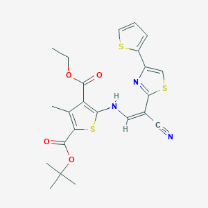 molecular formula C23H23N3O4S3 B2848268 (Z)-2-叔丁基-4-乙基-5-((2-氰基-2-(4-(噻吩-2-基)噻唑-2-基)乙烯基)氨基)-3-甲基噻吩-2,4-二羧酸二乙酯 CAS No. 578701-06-1