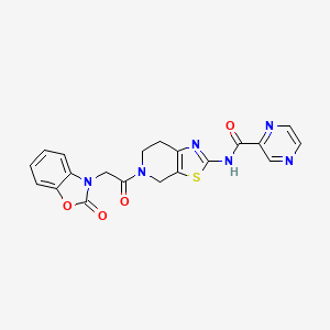 molecular formula C20H16N6O4S B2848287 N-(5-(2-(2-oxobenzo[d]oxazol-3(2H)-yl)acetyl)-4,5,6,7-tetrahydrothiazolo[5,4-c]pyridin-2-yl)pyrazine-2-carboxamide CAS No. 1351642-78-8