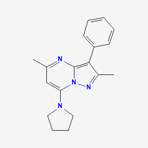 molecular formula C18H20N4 B2848338 2,5-Dimethyl-3-phenyl-7-(pyrrolidin-1-yl)pyrazolo[1,5-a]pyrimidine CAS No. 877622-07-6